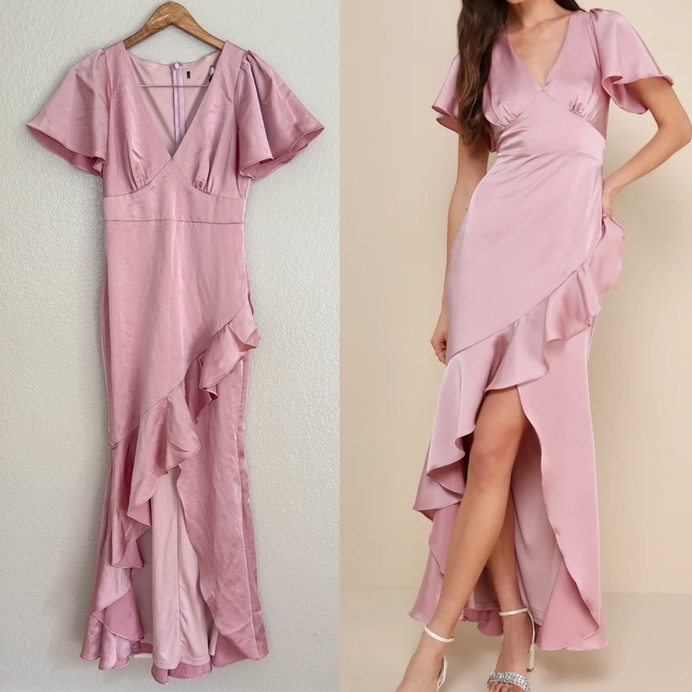 NWOT Eternal Bond Blush Satin Ruffled Flutter Sleeve Maxi Dress
